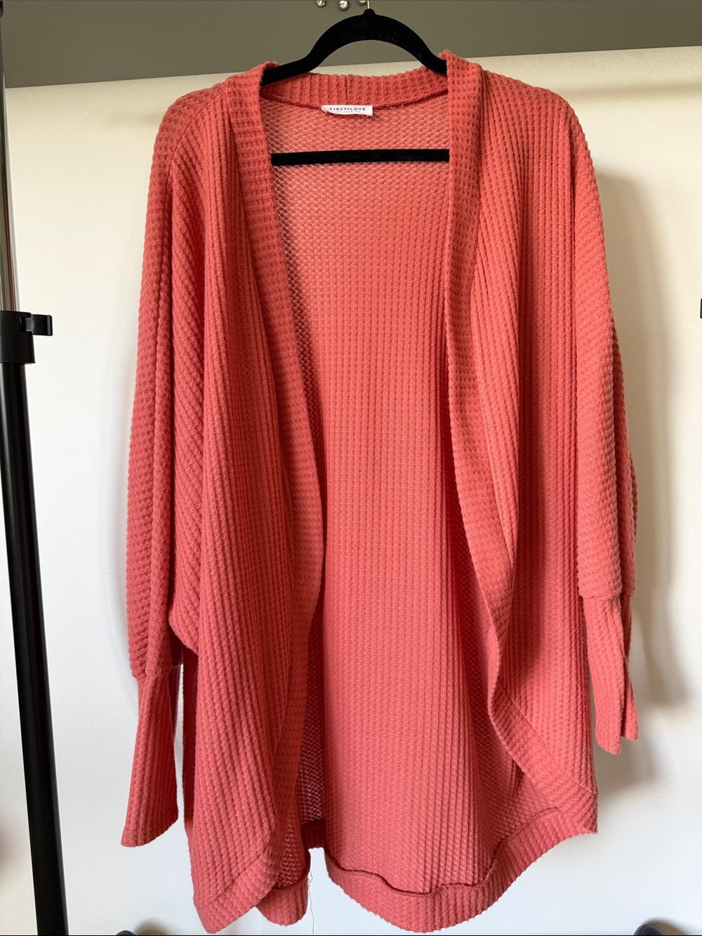 Open-Front Waffle Knit Cardigan Sweater - Coral Pink large